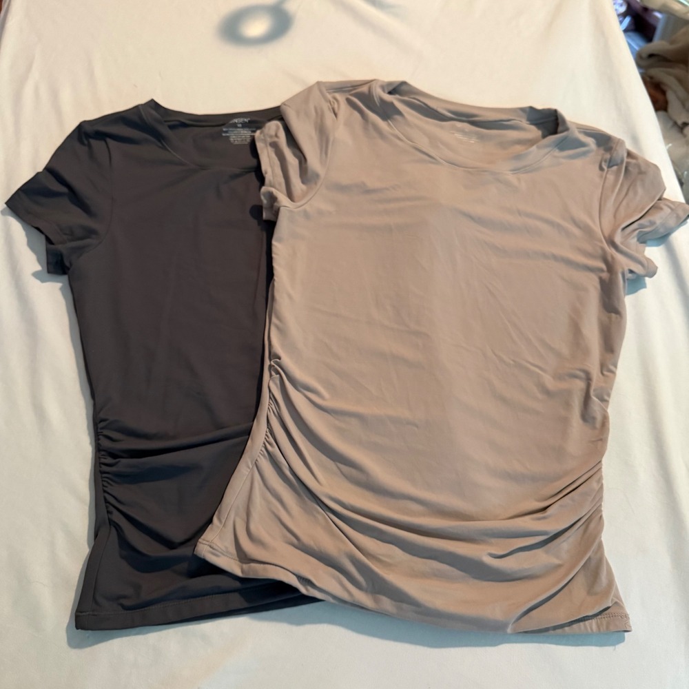 QINSEN 2 Pack Ruched Side Short Sleeve T-Shirts Gray Tan XS Slim Fit Crewneck
